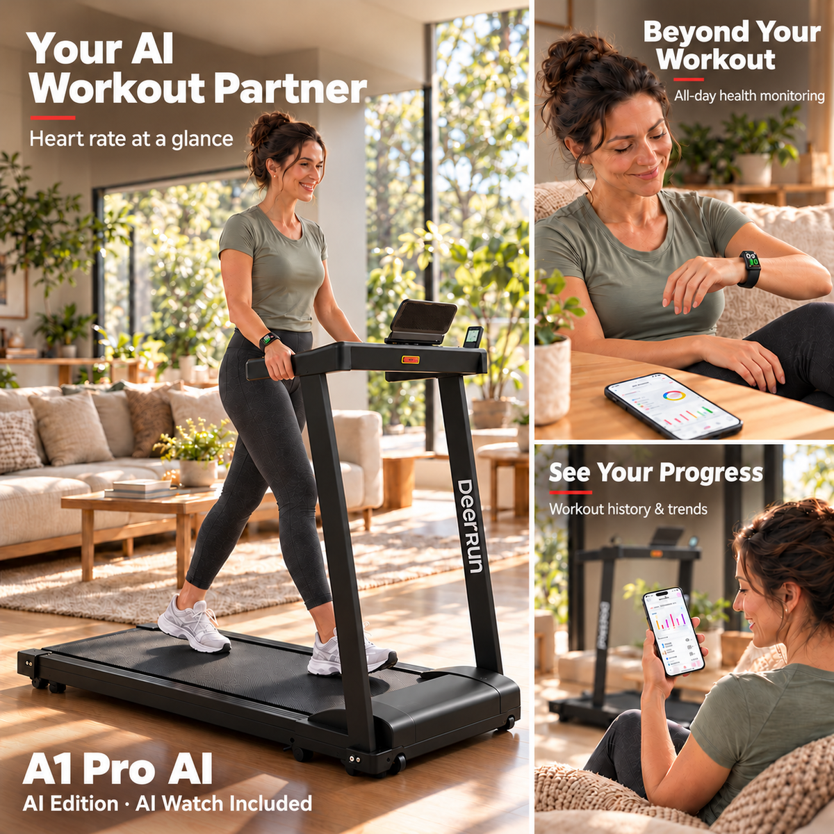 DeerRun All-New 2026 A1 Pro Move+ Smart Foldable Treadmill with 6% Incline & NFC | 350 lbs, 10 mph, Black