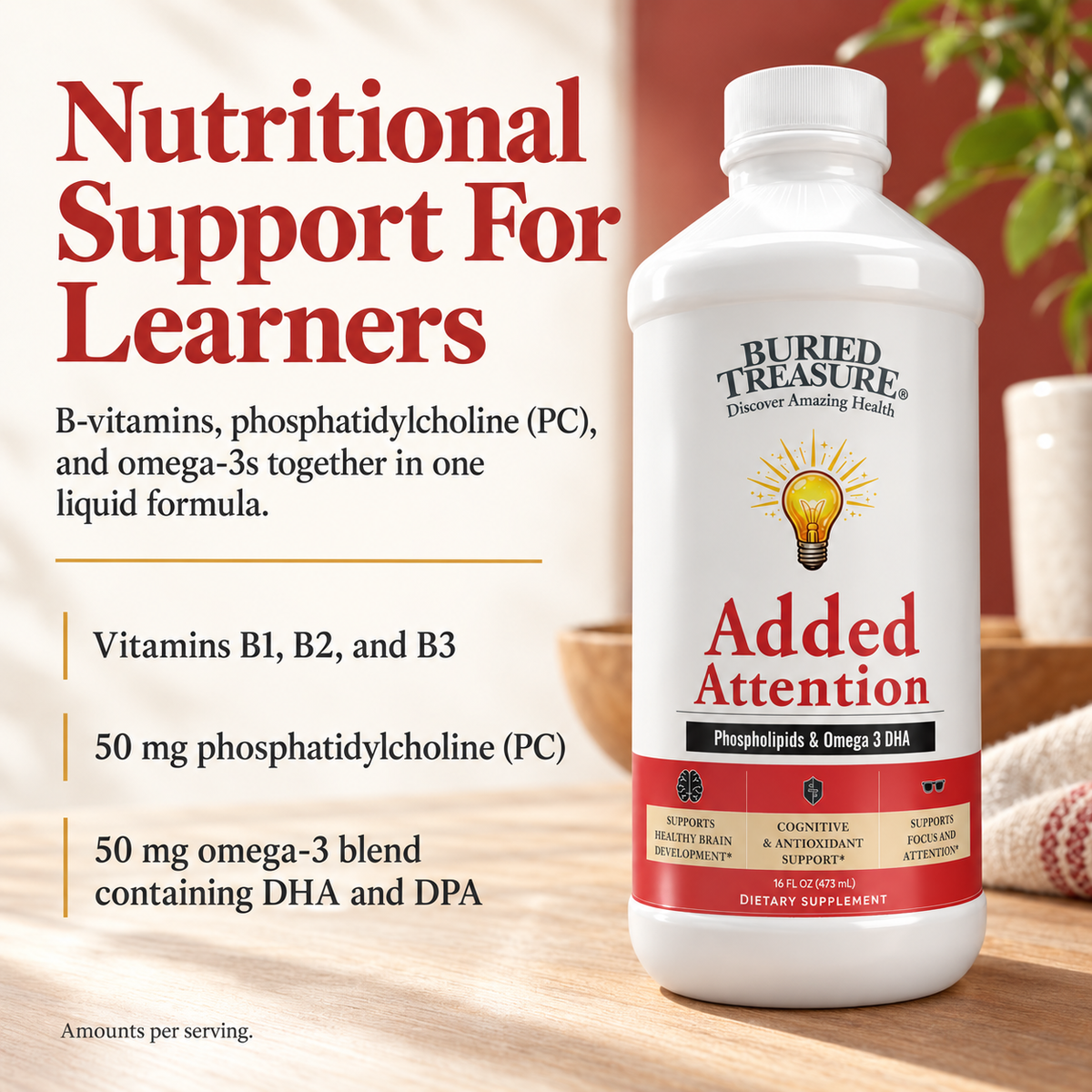 Added Attention – Liquid Supplement for Kids with DHA, B Vitamins & Phospholipids | Brain-Friendly Nutrients in a Natural Banana berry Flavor | 16 oz